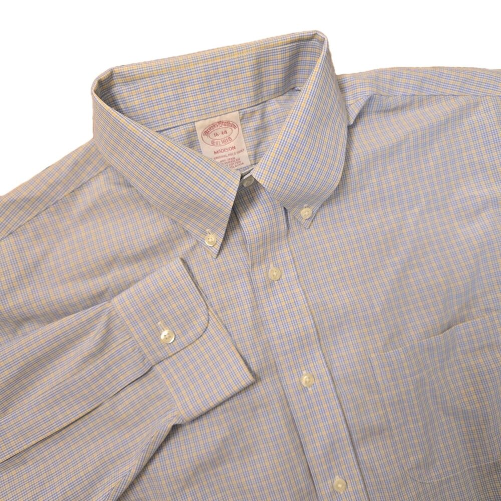 Brooks Brothers Madison Size 16-34 Supima Cotton Blue Yellow Check Button Up